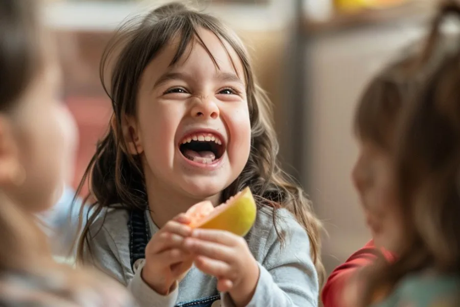 Laughing child eating a snack