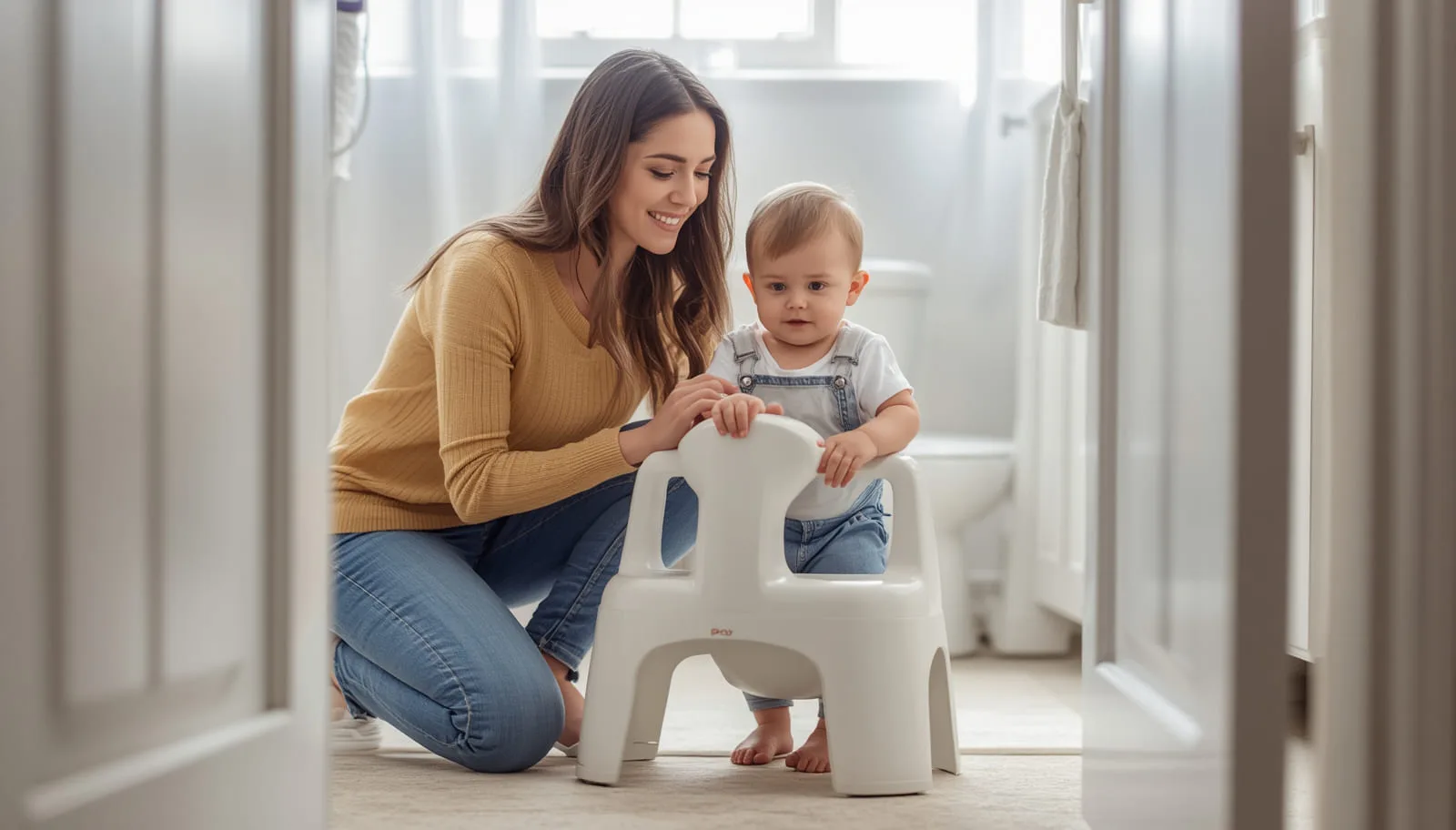 Parent helping a toddler with potty training