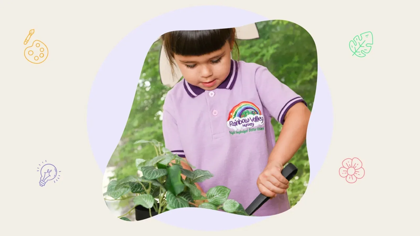 A girl in the Rainbow Valley Nursery uniform caring for plants