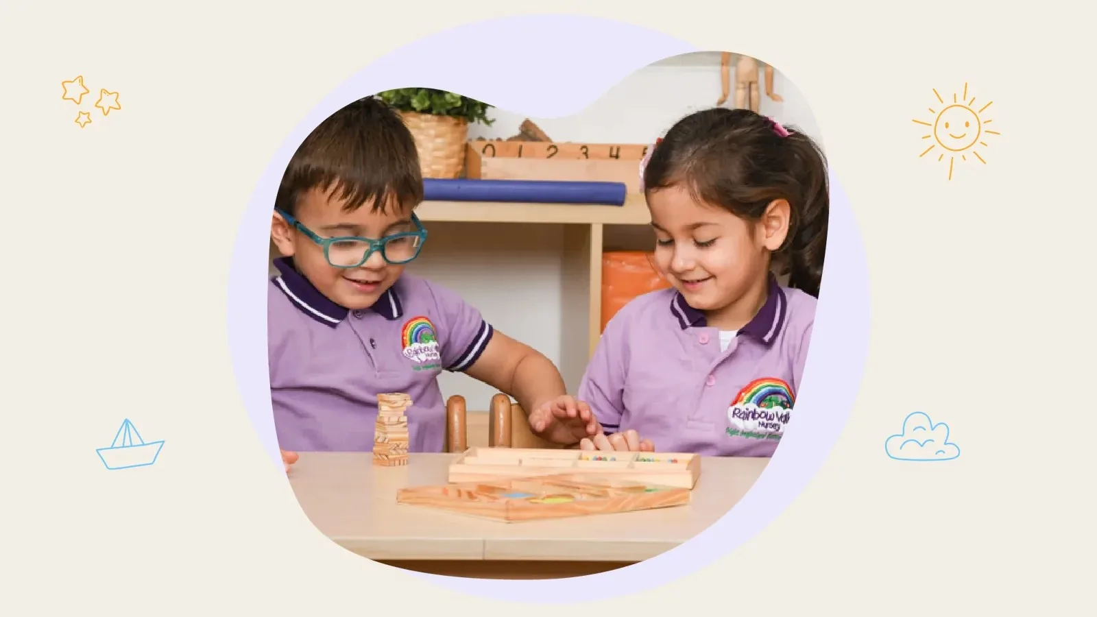 Two children in Rainbow Valley Nursery uniforms playing with wooden toys