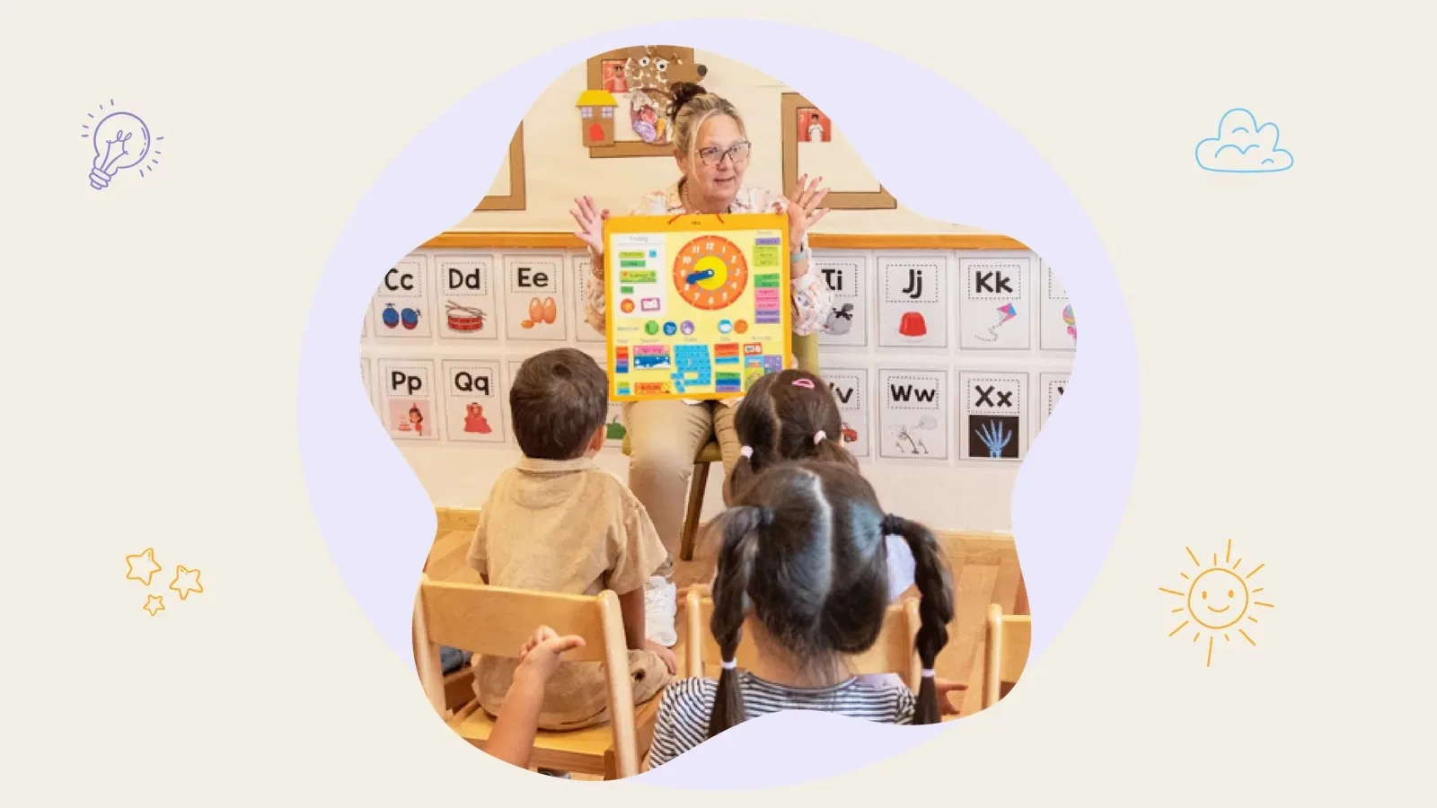 A teacher leading circle time with children in front of an alphabet wall